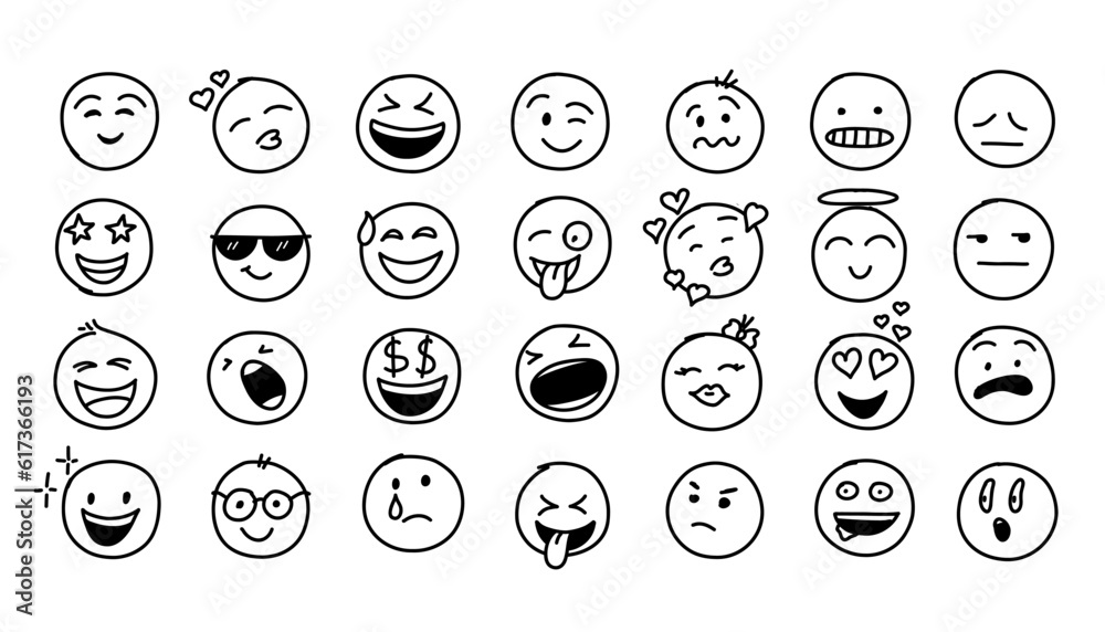 Hand drawn doodle style. comic line. doodle emoji face icon set. emoji with different emotion mood. art vector illustration. Hand drawn doodle style. comic line. doodle emoji face icon set. emoji with different emotion mood. art vector illustration.