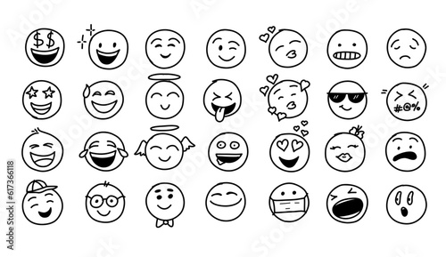 Hand drawn doodle style. comic line. doodle emoji face icon set. emoji with different emotion mood. art vector illustration.