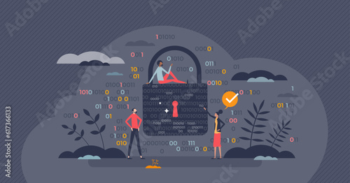Cybersecurity and cyberspace data safety protection tiny person concept. Digital personal information safe storage with encryption and antivirus firewall vector illustration. Strong password usage.