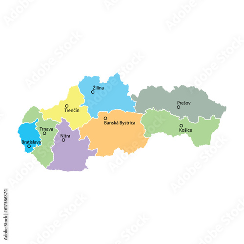 Photography Slovakia map background with regions, region names and cities in color