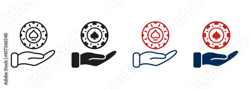 Chip Casino and Human Hand Line and Silhouette Icon Set. Circle Token, Bet Money. Coin, Risk in Roulette and Gamble Game Pictogram. Poker Chip Symbol Collection. Play Isolated Vector Illustration