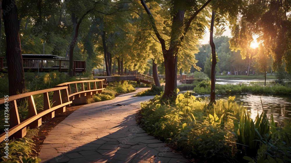A scenic public space with winding nature trails and serene ponds. Generative AI
