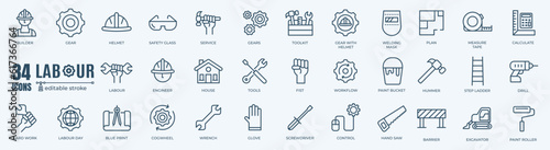 Labor vector icons set. Line set of Engineer, Gear and Gears mechanical machine icons editable stroke and pixel perfect. Labour day icon illustration.	