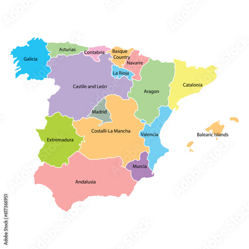 Spain map background with regions and region names in color. Spain map isolated on white background. Vector illustration