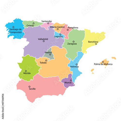 Spain map background with regions and region names in color. Spain map isolated on white background. Vector illustration