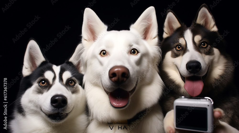 Siberian Husky taking a selfie with other dogs on an isolated background. ,generative AI