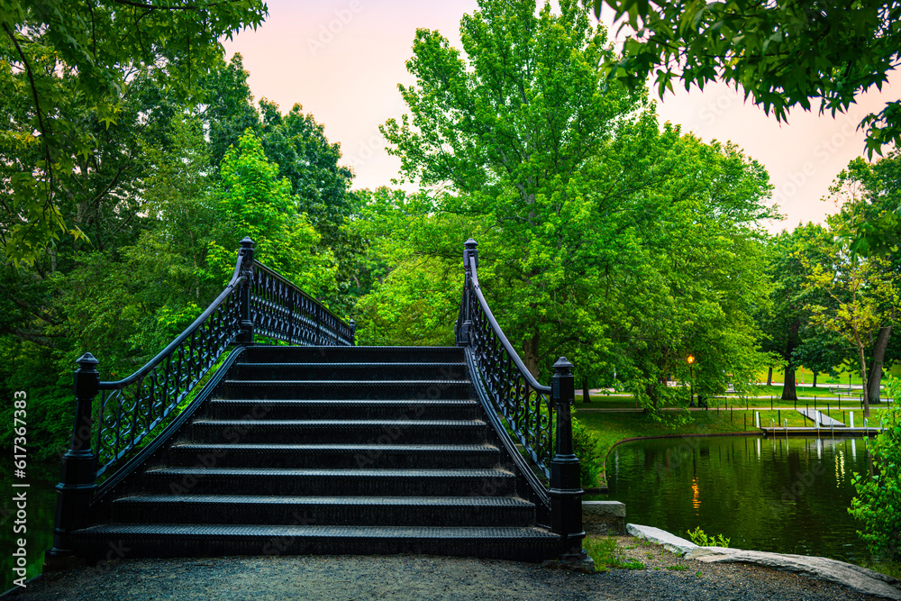 Stairway to the island, a black metal bridge over the lake in the park at sunrise