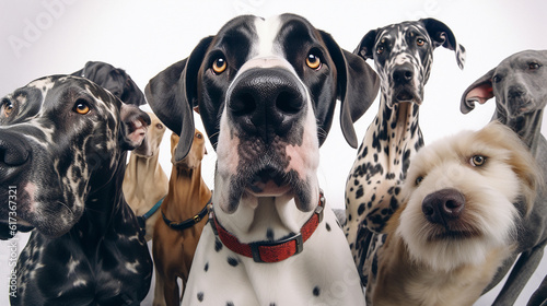 Great Dane taking a selfie with other dogs on an isolated background.  generative AI