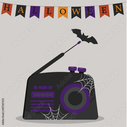 Halloween  Illustration with Retro radio and  Web, Bat