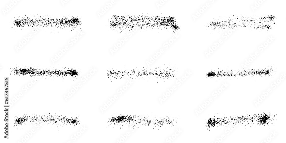 Line Black Splatter Stroke. Spray Texture Paint Set. Brush Effect, Brushstroke Spatter Collection. Abstract Graphic Design Element. Grunge Splash, Stripe Graffiti. Isolated Vector Illustration