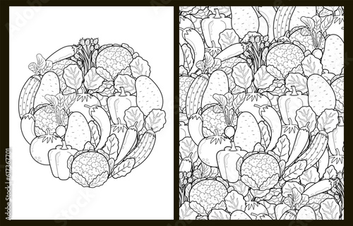 Doodle vegetables coloring pages set in US Letter format. Black and white healthy food background templates for coloring book. Vector illustration