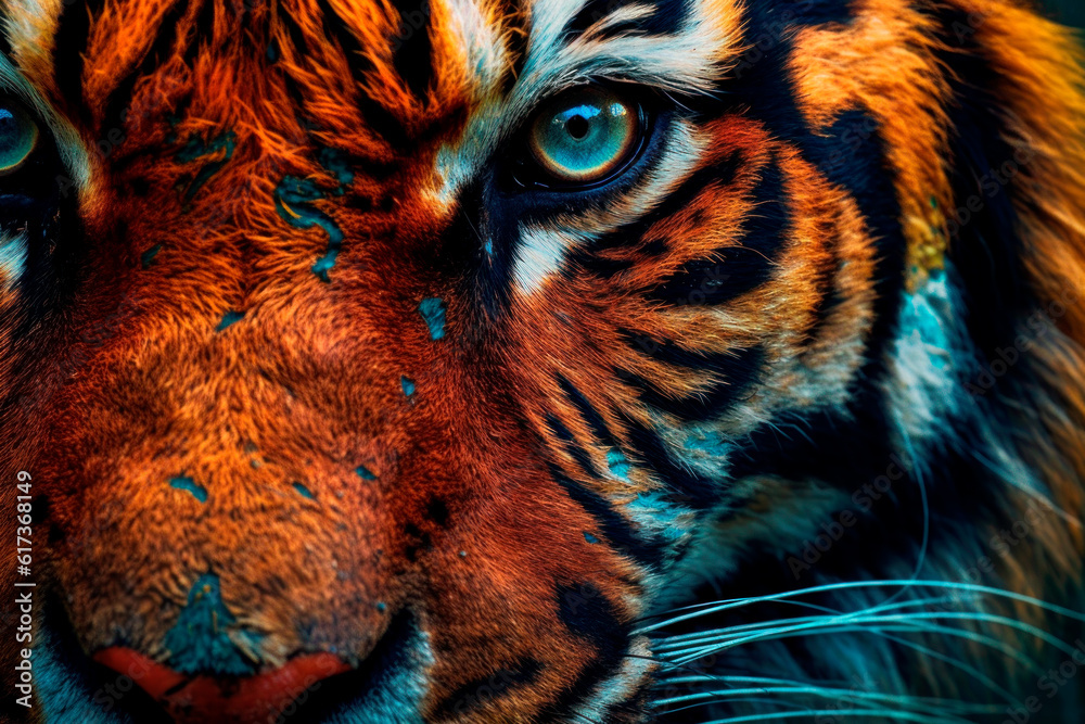 Close up photo of a tiger's eyes in outdoor sunlit lighting.  Generative AI