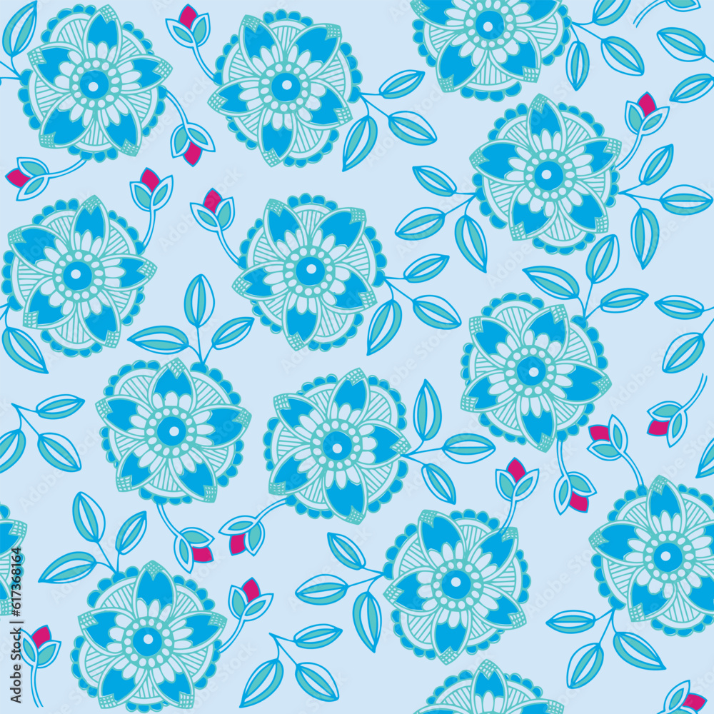 Blue flower with pink bud repeat pattern