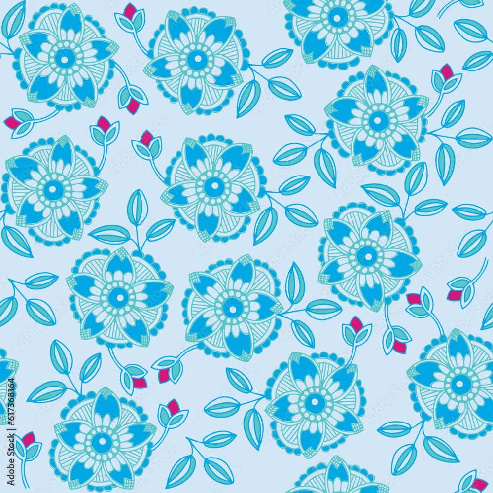 Blue flower with pink bud repeat pattern Blue flower with pink bud repeat pattern