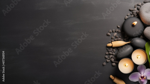 Zen stones and tropical leaf on dark background, top view with space for text. Ai Generative