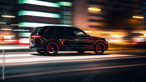 A SUV rushes at high speed through the streets of the night city. Generative AI