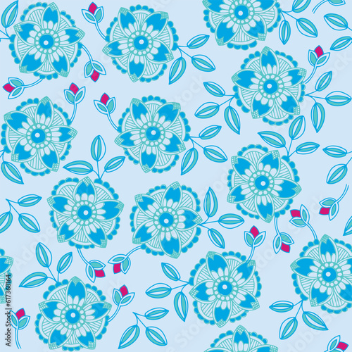 Blue flower with pink bud repeat pattern