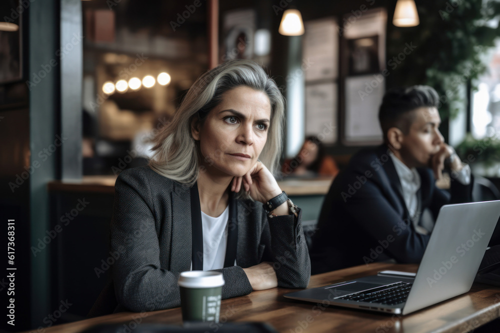 Businesswoman working with laptop in a bar. AI Generative Businesswoman working with laptop in a bar. AI Generative