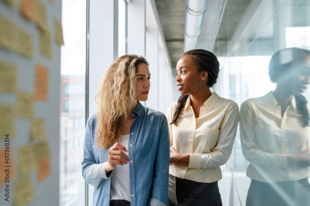 people in smart casual wear using adhesive notes while standing behind the board room. AI Generative people in smart casual wear using adhesive notes while standing behind the board room. AI Generative
