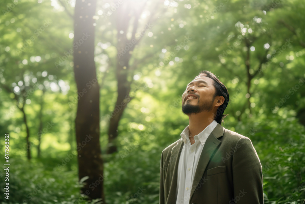 Happy young man breathing deep with a green forest in the background. AI Generative Happy young man breathing deep with a green forest in the background. AI Generative