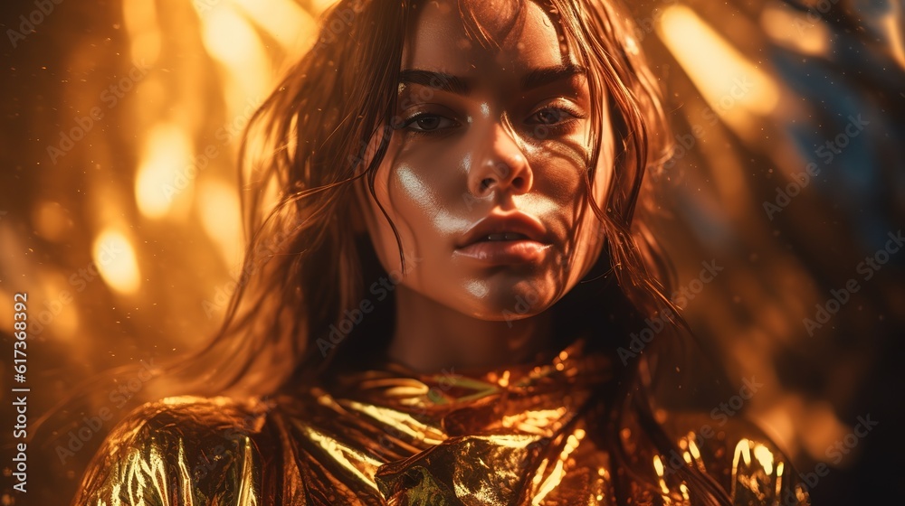 Fashion portrait of a beautiful girl decorated with gold foil. Generative AI