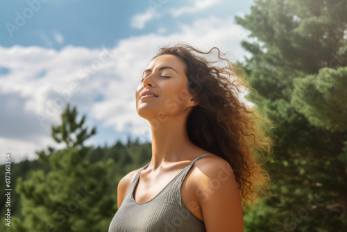 Relaxed woman breathing fresh air in a green forest. AI Generative photo