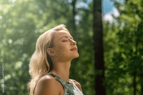 Relaxed woman breathing fresh air in a green forest. AI Generative