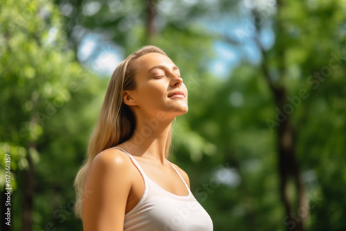 Relaxed woman breathing fresh air in a green forest. AI Generative