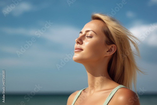 Close up of beautiful girl breathing on the beach. AI Generative