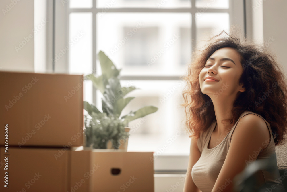 A Woman Moving Into New Home And Unpacking Boxes. AI Generative A Woman Moving Into New Home And Unpacking Boxes. AI Generative