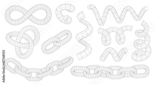 Vector Wireframe shapes. 3D technology grid. Spirals, Twisted Curves, Chains, Links, Trefoil Knot. Connection Structure, Infinity symbol. 3D mesh. Graphic design elements on a white background.