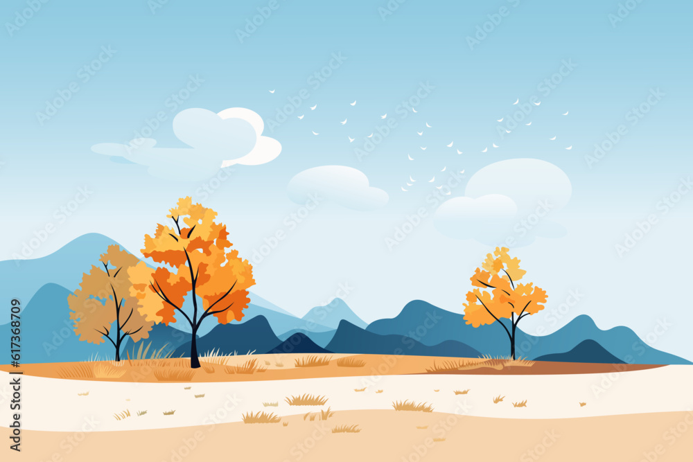 Vector autumn landscape, mountains and yellow, orange trees, birds fly south, peaceful autumn nature forest, natural background concept