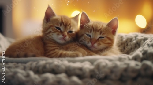 A cute kittens resting on a blanket on a bed at night, Generative AI.