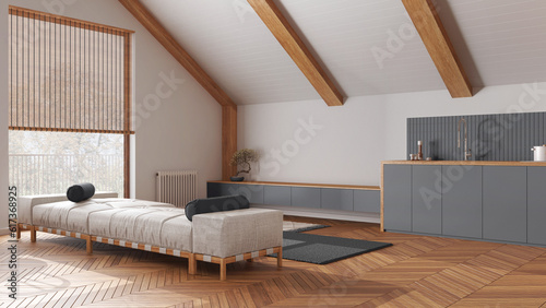 Japandi wooden living room and kitchen with sloping ceiling and parquet in white and gray tones. Fabric sofa and cabinets. Japandi scandinavian style, attic interior design