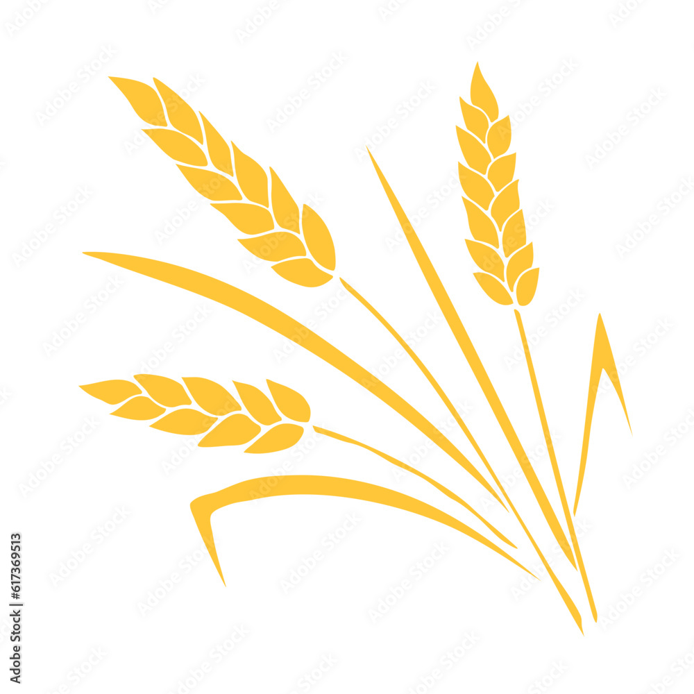 Vector golden spikelet of wheat isolated on white background. Hand drawn color clipart in flat style. Theme of bakery products, flour, harvest, thanksgiving - obrazy, fototapety, plakaty 