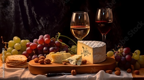Cheese platter with organic cheeses, fruits, nuts and wine on wooden background. Tasty cheese starter.
