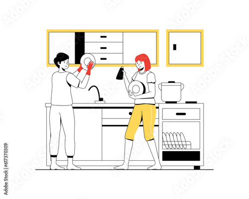 A married couple doing housework, washing dishes together. Vector illustration
