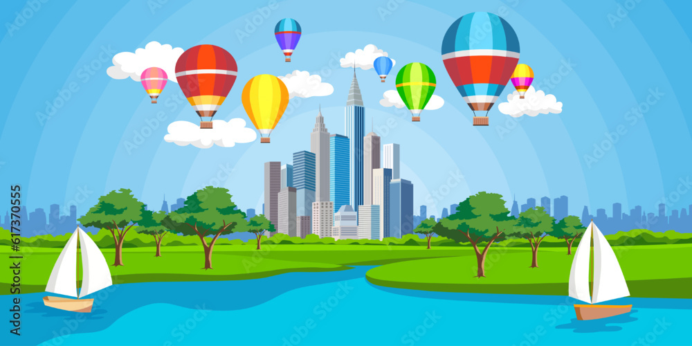 City view by the lake. many colorful balloons sailing boat on the lake blue sky and clear clouds. vector illustration