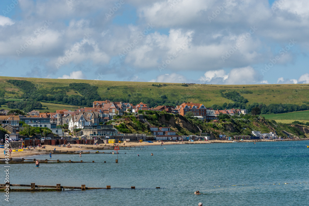 Houses in the countryside overlooking the beach in Swanage Bay, - Swanage, UK