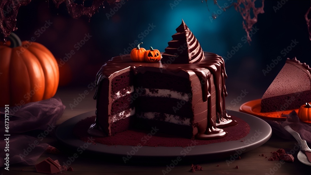 slice of a Halloween chocolate cake with a jack-o-lantern on top, Halloween background. holiday concept. Generative AI