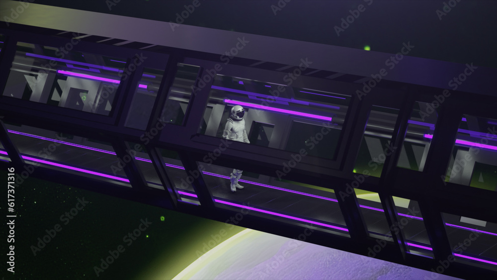 Space concept. Technology and future concept. Alone astronaut walking in a futuristic sci-fi corridor. Purple neon light Space concept. Technology and future concept. Alone astronaut walking in a futuristic sci-fi corridor. Purple neon light