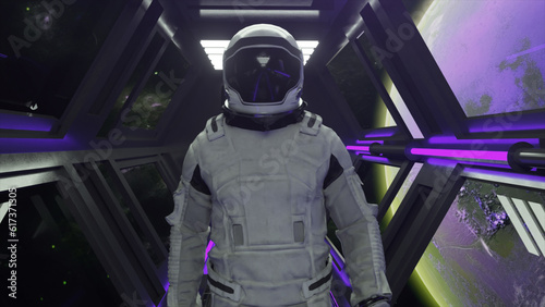 Technology and future concept. Astronaut walking in spaceship tunnel. Sci-fi shuttle corridor. Purple light. Moon