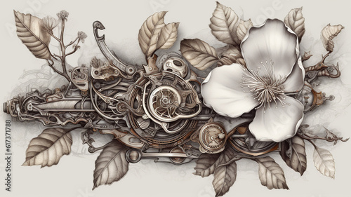floral, vintage background, flover, products, enginer, generative, ai, steampunk, background, clockwork, brooch, jewelry, wight