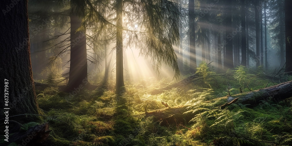 Obraz premium Sunbeams and light morning mist in summer dense deciduous forest. Generative AI