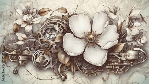 floral, vintage background, flover, products, enginer, generative, ai, steampunk, background, clockwork, brooch, jewelry, wight