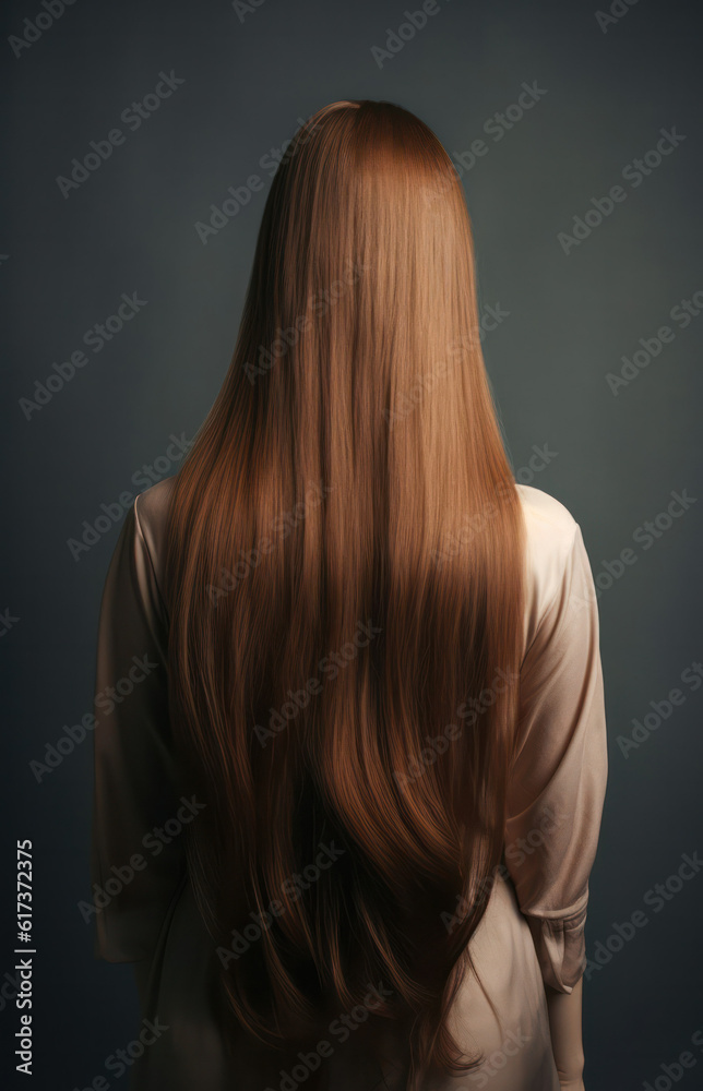Rear view of a woman with beautiful shiny straight keratin Brown hair on a dark background .Generative AI. Rear view of a woman with beautiful shiny straight keratin Brown hair on a dark background .Generative AI.