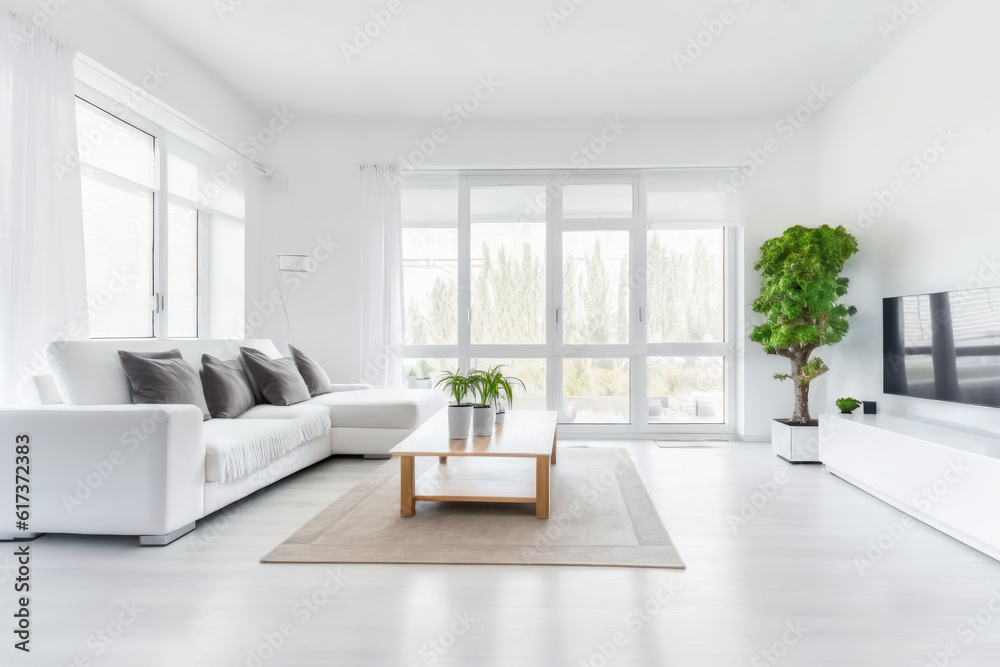 Bright modern living room illuminated by natural light, with comfortable sofa, coffee table, TV, and potted plants. Interior concept
