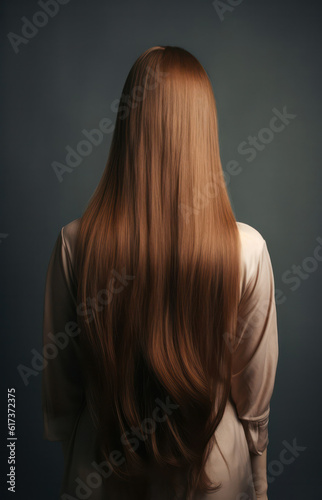 Rear view of a woman with beautiful shiny straight keratin Brown hair on a dark background .Generative AI. 