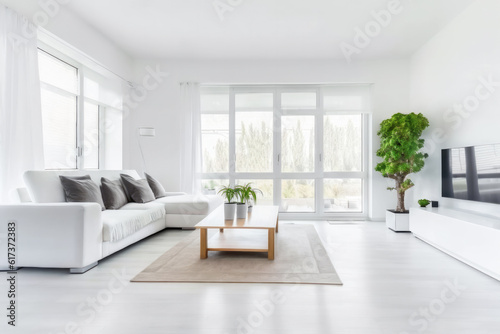 Bright modern living room illuminated by natural light, with comfortable sofa, coffee table, TV, and potted plants. Interior concept