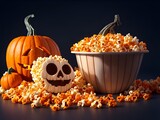 Halloween popcorn and pumpkin, holiday concept. Generative AI